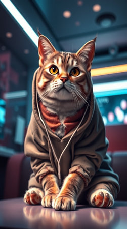 Funny cat in hoodie sitting on the table. 3d renderingの写真素材