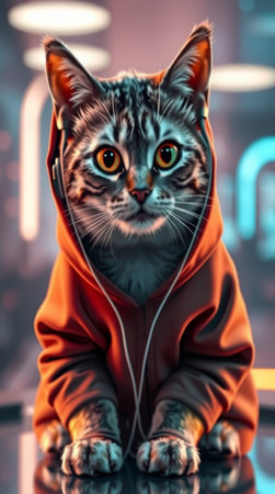 Cat in a red hoodie listening to music. 3d renderingの写真素材