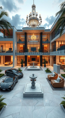 3D rendering of a luxury hotel lobby with palm trees and fountainsの写真素材