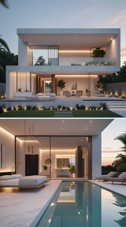 3d rendering of modern cozy house with pool and parking for sale or rent. Clear summer night with...