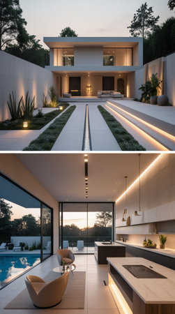 Interior of a modern villa with swimming pool. Collageの写真素材