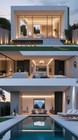 3d rendering of modern cozy house with pool and parking for sale or rent in luxurious style. Clear summer night with many stars on the sky.の写真素材