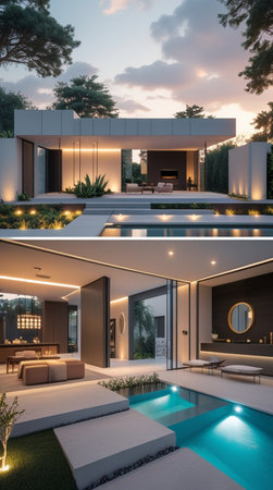 3d rendering of modern cozy house with pool and parking for sale or rent. Clear summer night with bright sky.の写真素材