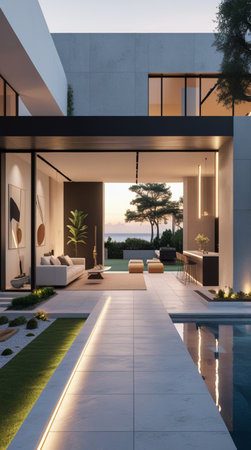 Luxury villa with swimming pool in the evening. 3d renderingの写真素材