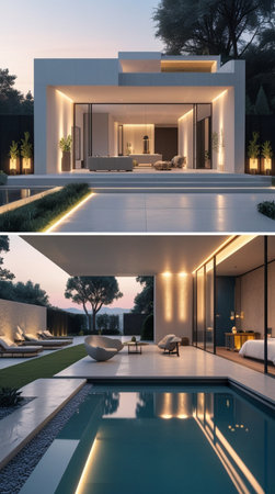 3d rendering of modern cozy house with pool and parking for sale or rent in luxurious style and beautiful landscaping on background. Clear summer night with soft light from window.の写真素材