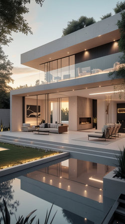 Modern villa with swimming pool and garden at sunset. Nobody insideの写真素材