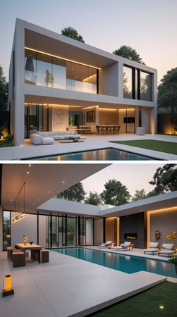 3d rendering of modern cozy house with pool and parking for sale or rent in luxurious style. Sunset light.の写真素材