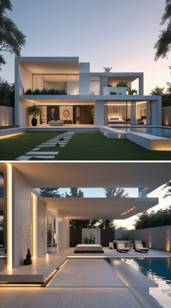 Luxury modern house exterior with swimming pool. 3d renderingの写真素材