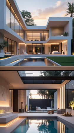 3d rendering of modern cozy house with pool and parking for sale or rent in luxurious style and beautiful landscapingの写真素材