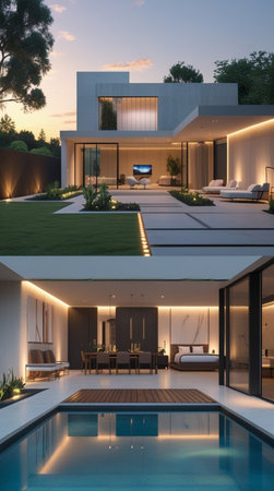 3d rendering of modern cozy house with pool and parking for sale or rent in luxurious style and beautiful landscaping on background. Clear summer night with many stars on the sky.の写真素材