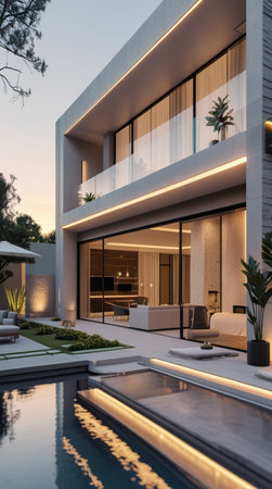 3d rendering of modern cozy house with pool and parking for saleの写真素材