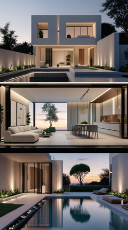 3d rendering of modern cozy house with pool and parking for sale or rent in luxurious style and beautiful landscaping on background. Clear summer night with cozy light from window.の写真素材