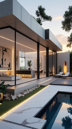 3d rendering of modern house in the garden with swimming pool.