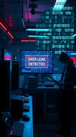 Silhouette of hacker stealing data from a server room. Cybercrime concept.の写真素材