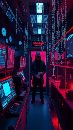 Hacker in a dark room with binary code. Cyber attack concept