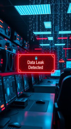 Server room with red glowing neon sign and binary code.の写真素材