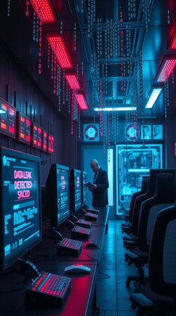 Businessman standing in front of screens with binary code in the officeの写真素材