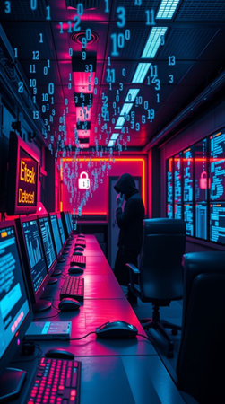 Security guard in surveillance room with computers. Cyber security concept. 3D Rendering
