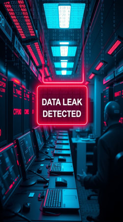 Data leak warning sign on computer screen in server room 3D renderingの写真素材