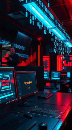 Cyber security concept. Dark room with computer monitors and screens.の写真素材