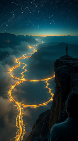 Man standing on the edge of a cliff and looking at night sky with light trail.の写真素材