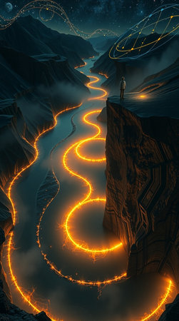 Futuristic landscape with a winding river in the mountains. 3d rendering