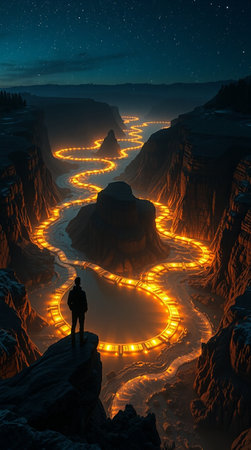 Hiking in the mountains at night. Fantastic view of the Horseshoe Bend at night.の写真素材