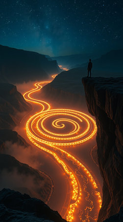 Man standing on the edge of a cliff and looking at a glowing spiral.の写真素材