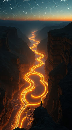 A man stands on the edge of the cliff and looks at the winding road in the mountains.の写真素材