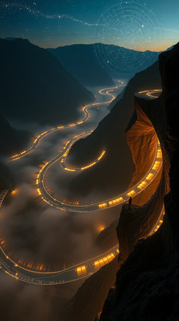 Winding road in the mountains at night with fog and lights.の写真素材