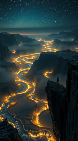 Fantasy landscape with a man standing on the edge of a cliff and looking at the river.の写真素材