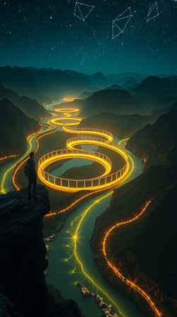 Futuristic landscape with a man standing on the edge of a cliff and looking at a winding road. 3d renderingの写真素材