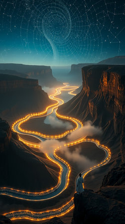 Fantasy landscape with a man on the edge of a cliff and a winding road.の写真素材