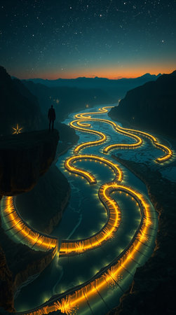 Canyon at night with light trails and silhouette of a man.の写真素材