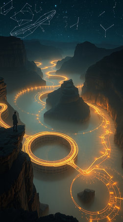 Hiking through the canyon at night, 3d rendering. Computer digital drawing.の写真素材