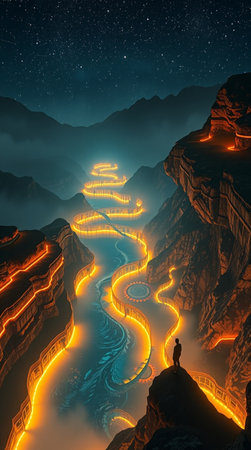 Fantasy landscape with river and mountains at night. 3D renderingの写真素材