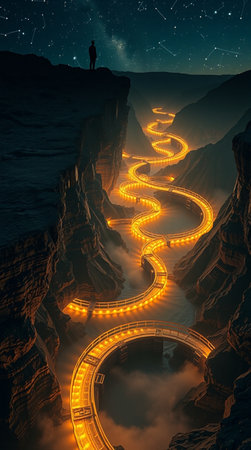 Conceptual image of a man standing on a cliff and looking at a winding road through the mountains.の写真素材