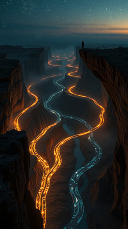 Man standing on the edge of a cliff and looking at the light trailsの写真素材