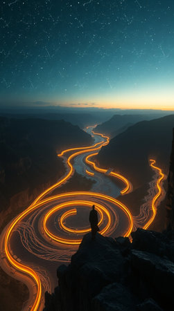 Man on top of a mountain looking at the river at night.の写真素材