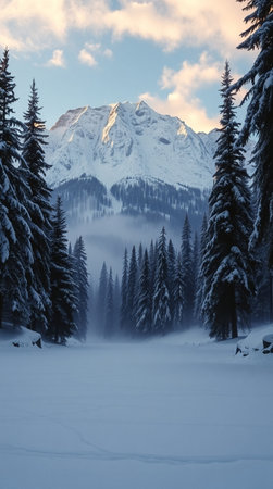 Beautiful winter landscape with snow covered fir trees and mountains in the backgroundの写真素材