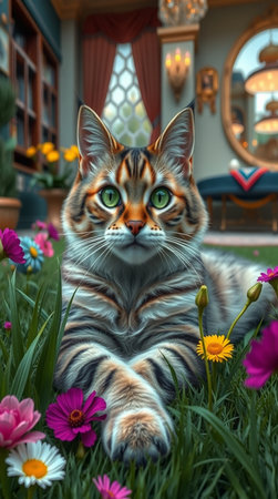 3d rendering of a cat sitting in the garden with flowers in the backgroundの写真素材