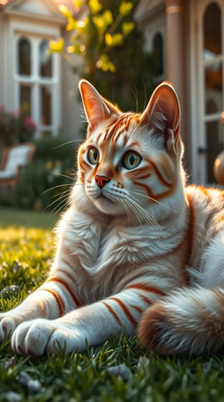 Portrait of a beautiful red cat lying on the grass in the garden