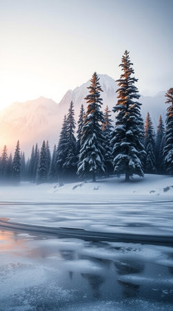 Beautiful winter landscape with frozen lake and snow covered fir trees.の写真素材