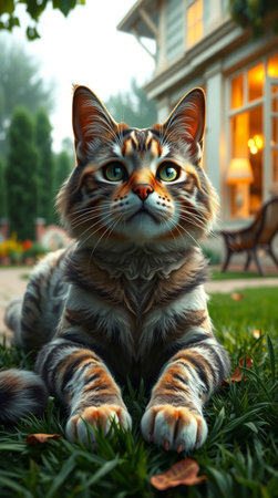 Portrait of a beautiful tabby cat lying on the grass.の写真素材