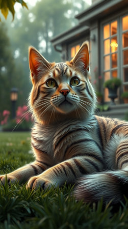 Cute cat in the garden at sunset. 3d rendering.の写真素材