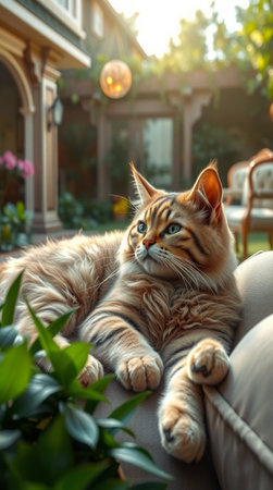 Cute cat lying on armchair in cozy gardenの写真素材