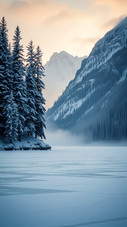 Foggy winter morning in the mountains. Lake Louise, Banff National Park, Canadaの写真素材