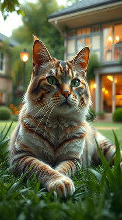 Cute bengal cat lying on the grass and looking at the cameraの写真素材