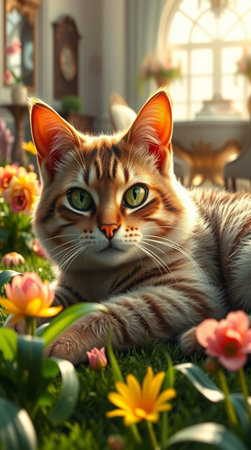 Portrait of a ginger cat lying in the grass with flowers.の写真素材