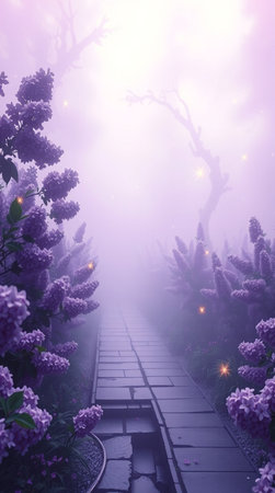 Lilac flowers in the morning fog. Beautiful spring landscape.の写真素材